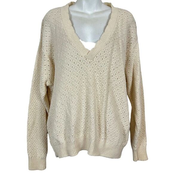 Jantzen Vintage Pointelle Cottagecore Scalloped V-Neck Long Sleeve Sweater XL - Picture 1 of 16
